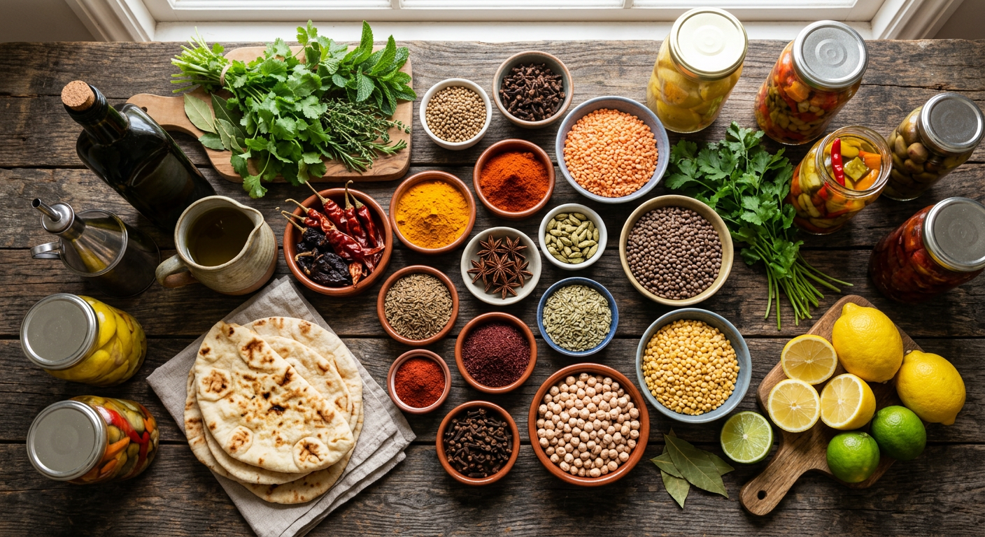 Bowls of spices, lentils, chickpeas and dried chillies with flatbread, pickles and fresh herbs on a wooden table
