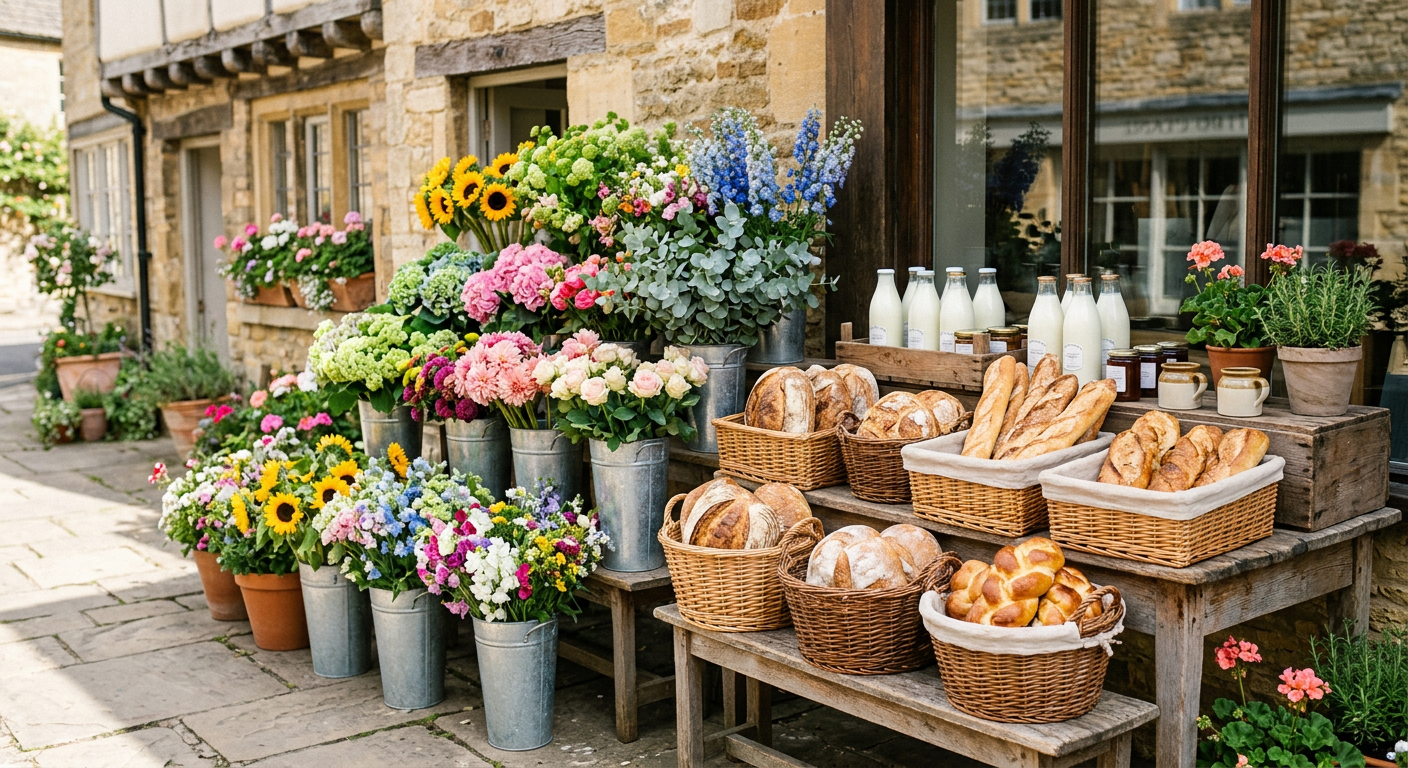 Buckets of fresh flowers beside baskets of bread and bottles of milk